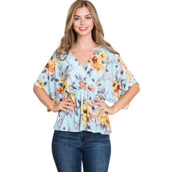 bombom Tops - Sky Blue Floral Wrap Tunic